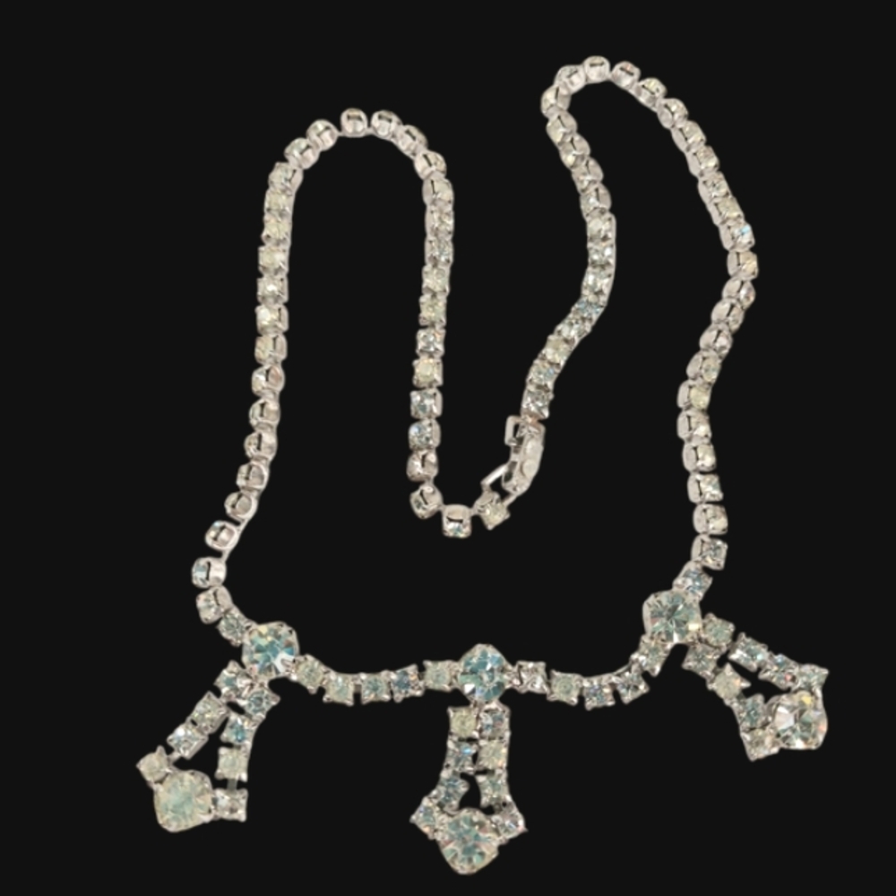 Vintage Necklace with Pendants Sparkly Rhinestone Prong Set, Faceted 14"